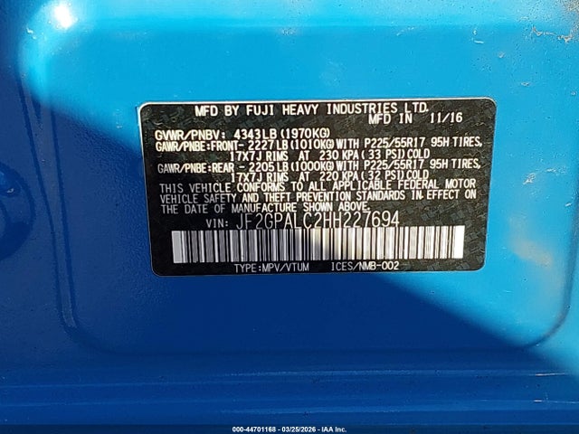 44701168 :رقم المزاد ، JF2GPALC2HH227694 vin ، 2017 Subaru Crosstrek 2.0i Limited مزاد بيع
