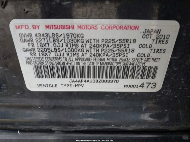 Продажа на аукционе авто 2011 Mitsubishi Outlander Sport Se, vin: JA4AP4AU0BZ003370, номер лота: 44701175