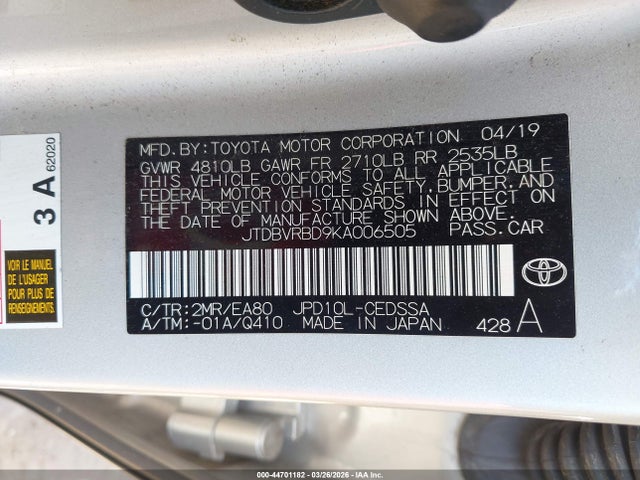 44701182 :رقم المزاد ، JTDBVRBD9KA006505 vin ، 2019 Toyota Mirai مزاد بيع