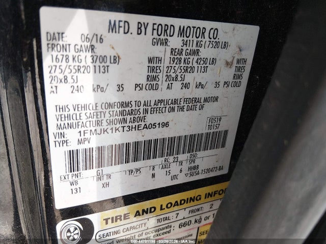 2017 Ford Expedition El Limited მანქანა იყიდება აუქციონზე, vin: 1FMJK1KT3HEA05196, აუქციონის ნომერი: 44701198