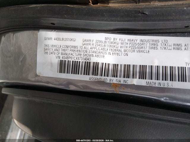 2008 Subaru Outback 2.5i/2.5i L.l. Bean Edition მანქანა იყიდება აუქციონზე, vin: 4S4BP61CX87314043, აუქციონის ნომერი: 44701203