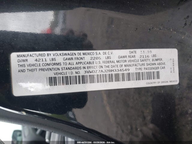 Продаж на аукціоні авто 2011 Volkswagen Jetta 2.5l Se, vin: 3VWDZ7AJ2BM334549, номер лоту: 44701208