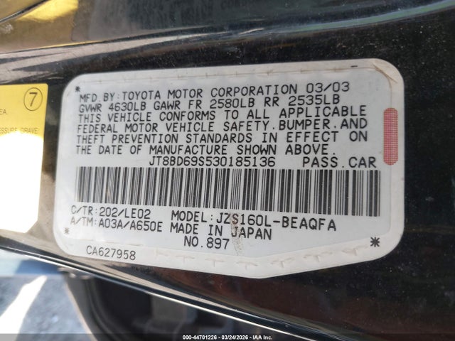 2003 Lexus Gs 300 მანქანა იყიდება აუქციონზე, vin: JT8BD69S530185136, აუქციონის ნომერი: 44701226