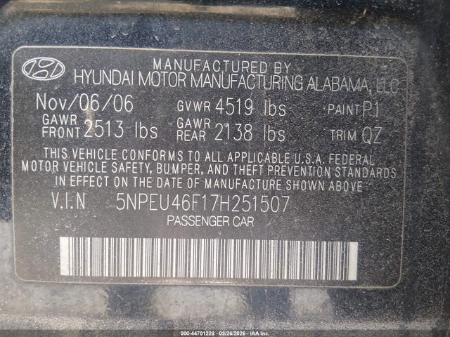 44701228 :رقم المزاد ، 5NPEU46F17H251507 vin ، 2007 Hyundai Sonata Limited/se V6 مزاد بيع