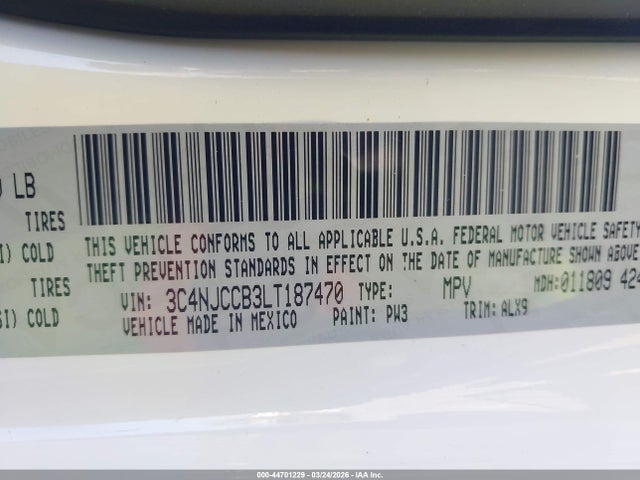 Aukcja sprzedaży 2020 Jeep Compass Limited Fwd, vin: 3C4NJCCB3LT187470, numer aukcji: 44701229