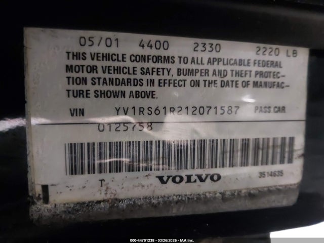 Aukcja sprzedaży 2001 Volvo S60 2.4, vin: YV1RS61R212071587, numer aukcji: 44701238