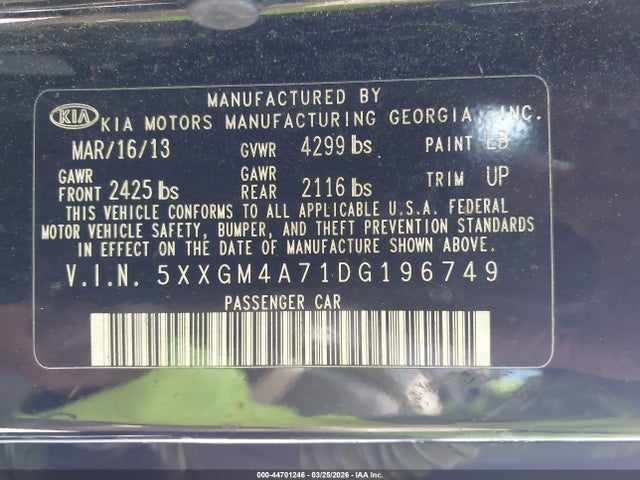 44701246 :رقم المزاد ، 5XXGM4A71DG196749 vin ، 2013 Kia Optima Lx مزاد بيع