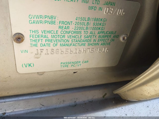 Aukcja sprzedaży 2006 Subaru Forester 2.5x, vin: JF1SG65616H759616, numer aukcji: 44701247