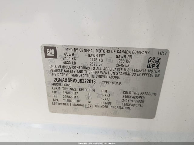2018 Chevrolet Equinox Lt მანქანა იყიდება აუქციონზე, vin: 2GNAXSEVXJ6222013, აუქციონის ნომერი: 44701258