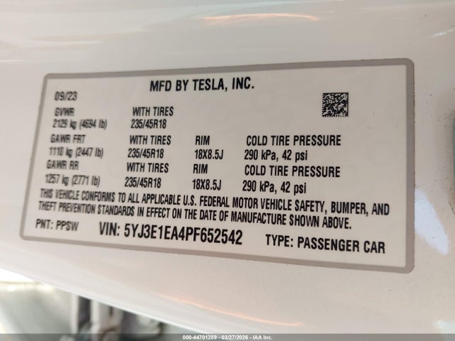 Продажа на аукционе авто 2023 Tesla Model 3 Rear-wheel Drive, vin: 5YJ3E1EA4PF652542, номер лота: 44701289