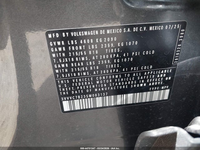 Aukcja sprzedaży 2025 Volkswagen Taos 1.5t Se, vin: 3VVVC7B23SM083137, numer aukcji: 44701347