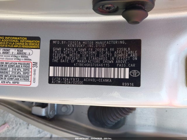 Продаж на аукціоні авто 2007 Toyota Camry Le, vin: 4T1BE46K07U646115, номер лоту: 44701357