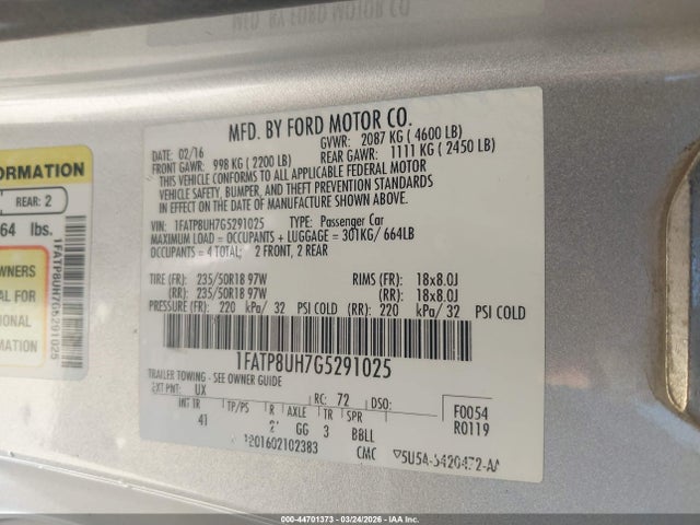 2016 FORD MUSTANG 1FATP8UH7G5291025 Photo 8