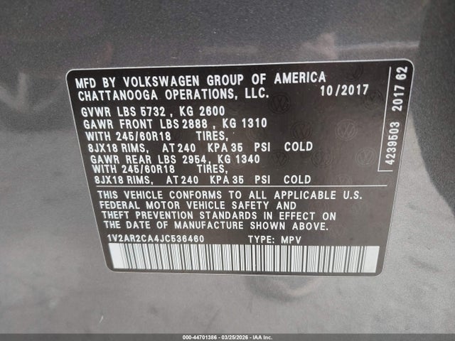 44701386 :رقم المزاد ، 1V2AR2CA4JC536460 vin ، 2018 Volkswagen Atlas 3.6l V6 S مزاد بيع