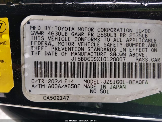 44701391 :رقم المزاد ، JT8BD69SX10128007 vin ، 2001 Lexus Gs 300 مزاد بيع