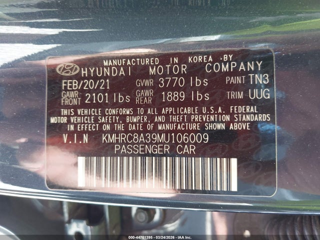 44701395 :رقم المزاد ، KMHRC8A39MU106009 vin ، 2021 Hyundai Venue Denim مزاد بيع