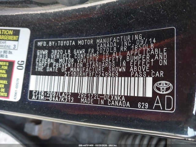 Продажа на аукционе авто 2015 Toyota Corolla Le Premium, vin: 2T1BURHEXFC249969, номер лота: 44701400