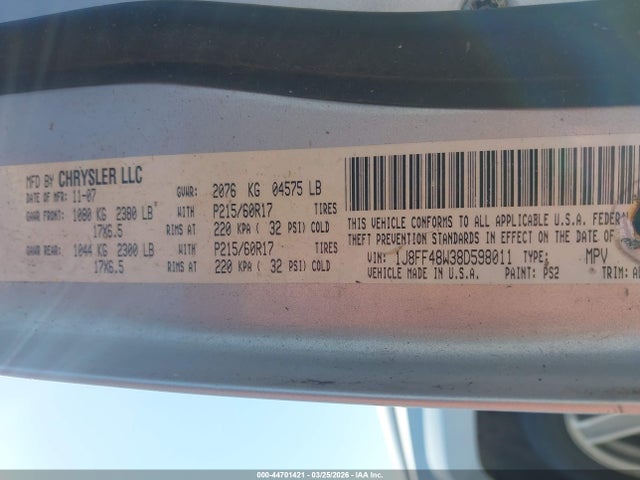44701421 :رقم المزاد ، 1J8FF48W38D598011 vin ، 2008 Jeep Patriot Limited مزاد بيع