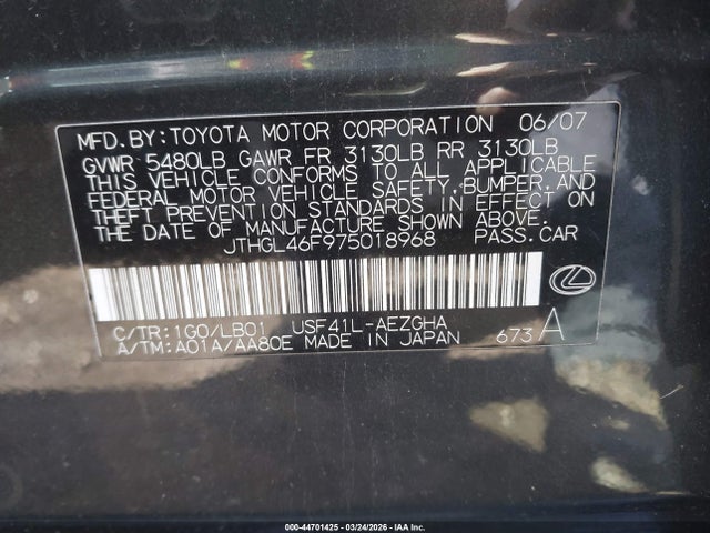 44701425 :رقم المزاد ، JTHGL46F975018968 vin ، 2007 Lexus Ls 460 L مزاد بيع