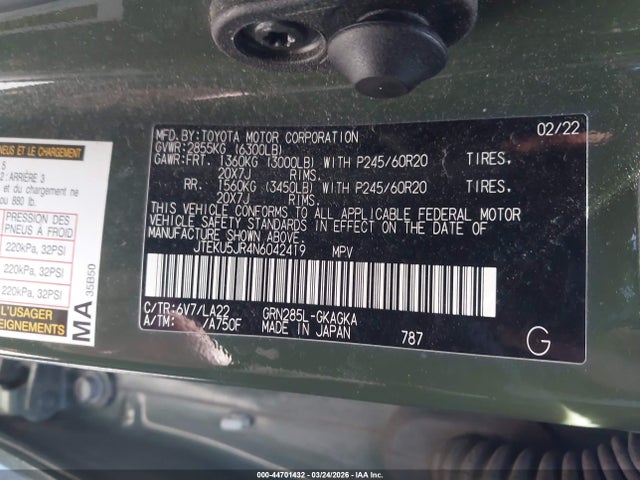Продаж на аукціоні авто 2022 Toyota 4runner Limited, vin: JTEKU5JR4N6042419, номер лоту: 44701432