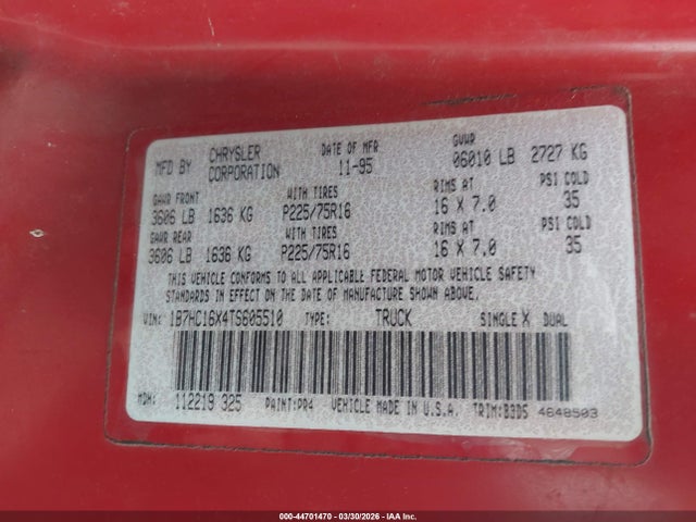 Продаж на аукціоні авто 1996 Dodge Ram 1500, vin: 1B7HC16X4TS605510, номер лоту: 44701470