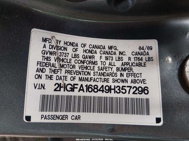 44701482 :رقم المزاد ، 2HGFA16849H357296 vin ، 2009 Honda Civic Ex مزاد بيع
