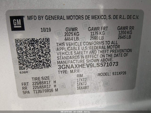 44701483 :رقم المزاد ، 3GNAXHEV9LS571073 vin ، 2020 Chevrolet Equinox Fwd Ls مزاد بيع