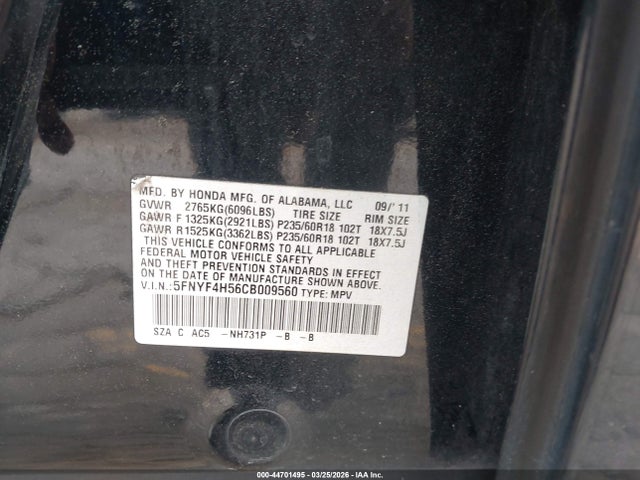 Aukcja sprzedaży 2012 Honda Pilot Ex-l, vin: 5FNYF4H56CB009560, numer aukcji: 44701495