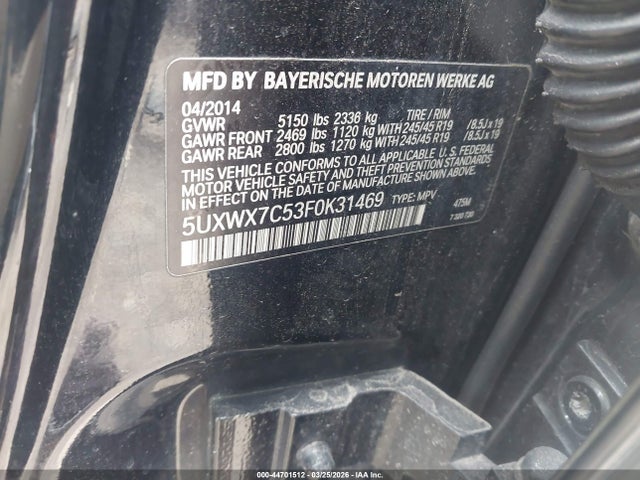 2015 Bmw X3 Xdrive35i მანქანა იყიდება აუქციონზე, vin: 5UXWX7C53F0K31469, აუქციონის ნომერი: 44701512