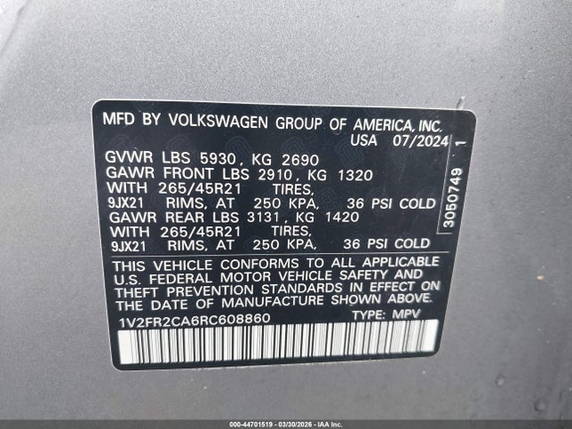 Продажа на аукционе авто 2024 Volkswagen Atlas 2.0t Sel Premium R-line, vin: 1V2FR2CA6RC608860, номер лота: 44701519