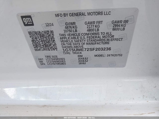 Продаж на аукціоні авто 2025 Gmc Sierra 2500hd 4wd  Standard Bed Sle, vin: 1GT5UME72SF203236, номер лоту: 44701540