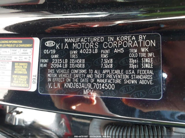 44701557 :رقم المزاد ، KNDJ63AU9L7014500 vin ، 2020 Kia Soul Gt-line مزاد بيع