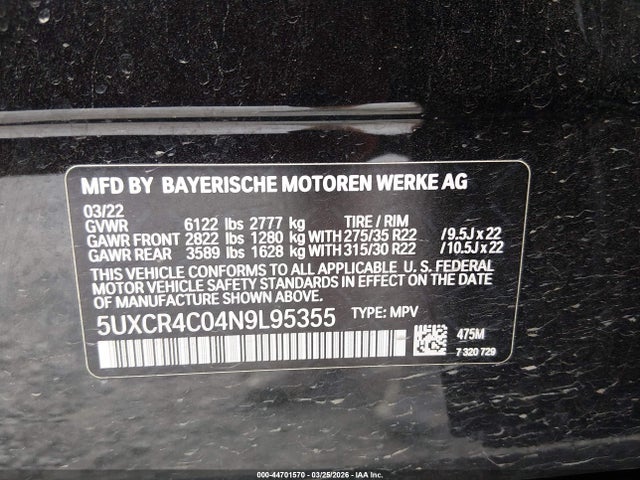 5UXCR4C04N9L95355 BMW X5 Sdrive40i