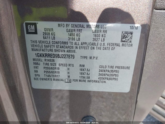 44701572 :رقم المزاد ، 1GKKRRED9BJ227879 vin ، 2011 Gmc Acadia Slt-1 مزاد بيع