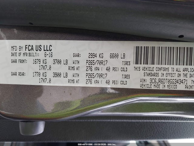 44701598 :رقم المزاد ، 3C6JR6DT0GG343471 vin ، 2016 Ram 1500 Tradesman مزاد بيع