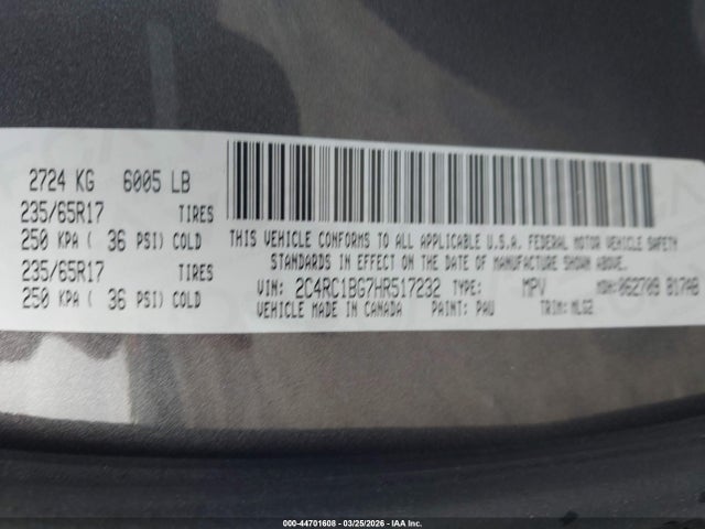 2017 Chrysler Pacifica Touring-l მანქანა იყიდება აუქციონზე, vin: 2C4RC1BG7HR517232, აუქციონის ნომერი: 44701608