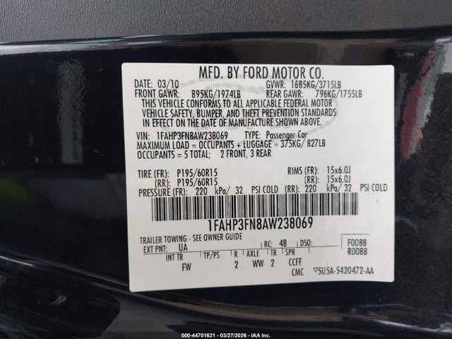 Auction sale of the 2010 Ford Focus Se, vin: 1FAHP3FN8AW238069, lot number: 44701621
