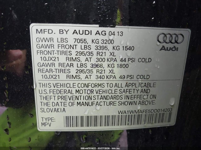 Продажа на аукционе авто 2013 Audi Q7 3.0 Tdi Premium, vin: WA1WMAFE5DD014203, номер лота: 44701622
