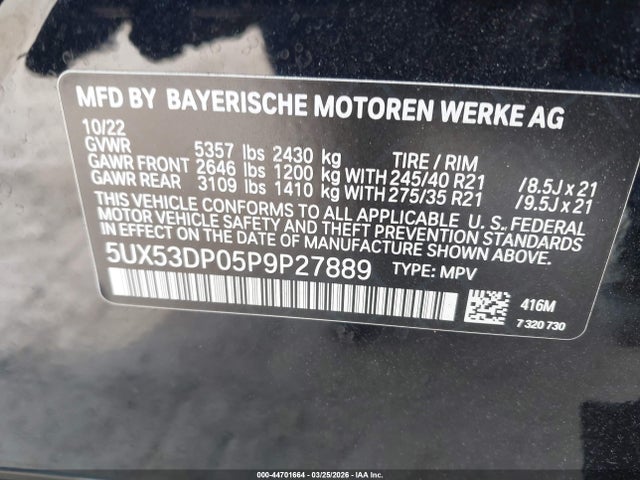 2023 Bmw X3 Xdrive30i მანქანა იყიდება აუქციონზე, vin: 5UX53DP05P9P27889, აუქციონის ნომერი: 44701664