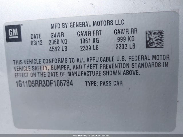 44701673 :رقم المزاد ، 1G11D5RR3DF106784 vin ، 2013 Chevrolet Malibu Eco مزاد بيع