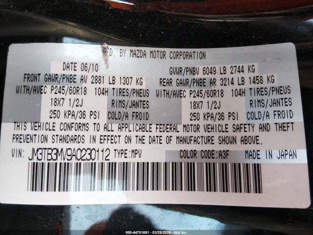 Продажа на аукционе авто 2010 Mazda Cx-9 Touring, vin: JM3TB3MV9A0230112, номер лота: 44701691