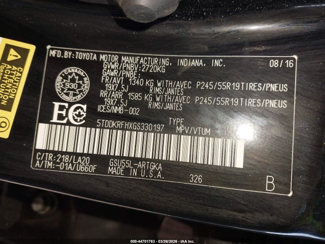 Toyota Highlander Limited 2016 5TDDKRFHXGS330197 Image 9