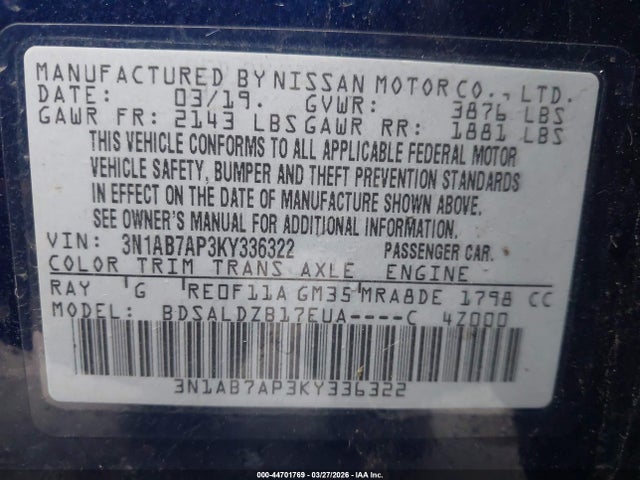 Aukcja sprzedaży 2019 Nissan Sentra Sv, vin: 3N1AB7AP3KY336322, numer aukcji: 44701769