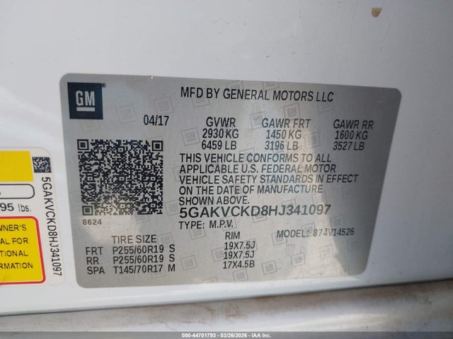2017 Buick Enclave Premium მანქანა იყიდება აუქციონზე, vin: 5GAKVCKD8HJ341097, აუქციონის ნომერი: 44701793