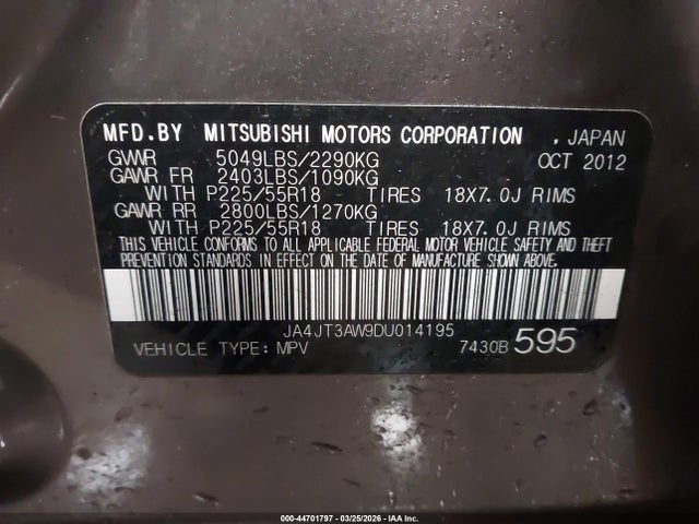 Aukcja sprzedaży 2013 Mitsubishi Outlander Se, vin: JA4JT3AW9DU014195, numer aukcji: 44701797