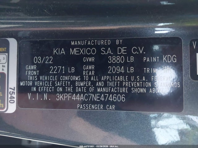 Продаж на аукціоні авто 2022 Kia Forte Gt Manual, vin: 3KPF44AC7NE474606, номер лоту: 44701801