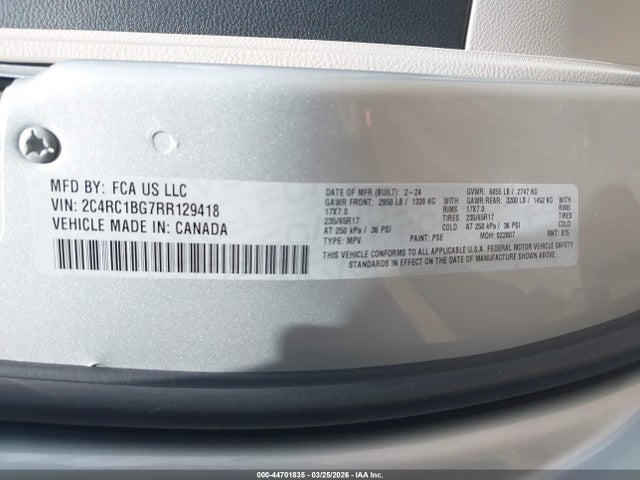 44701835 :رقم المزاد ، 2C4RC1BG7RR129418 vin ، 2024 Chrysler Pacifica Touring L مزاد بيع