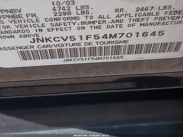 Aukcja sprzedaży 2004 Infiniti G35x, vin: JNKCV51F54M701645, numer aukcji: 44701846
