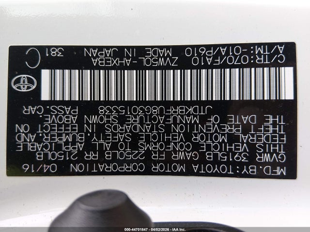 JTDKBRFU8G3015338 Toyota Prius Two