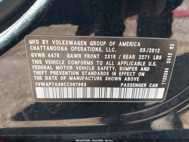 2012 Volkswagen Passat 2.5l S მანქანა იყიდება აუქციონზე, vin: 1VWAP7A36CC067963, აუქციონის ნომერი: 44701892